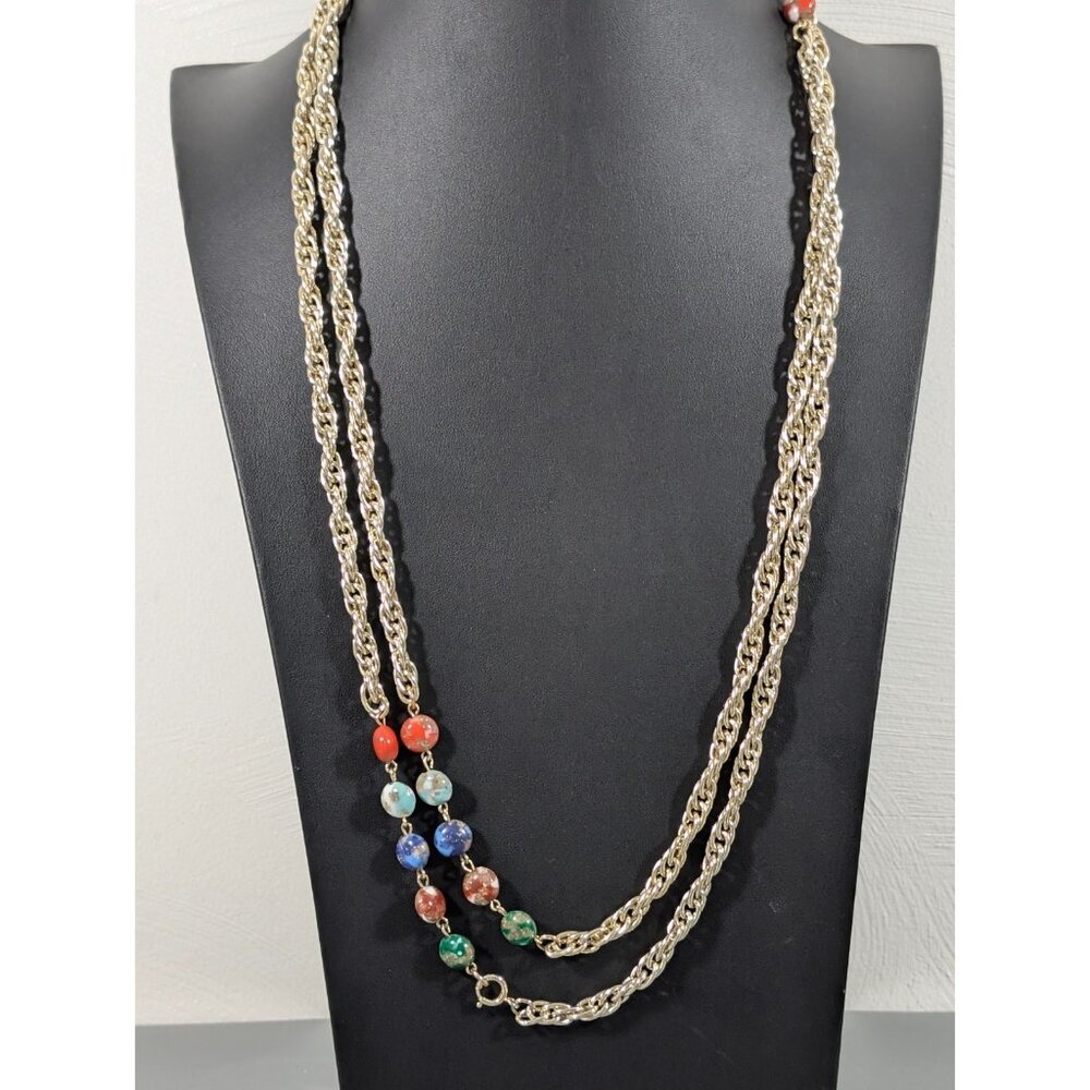 Vintage Emmons Long Rope Two Chain Necklace Multicolor Glass Beads‎ Convertible